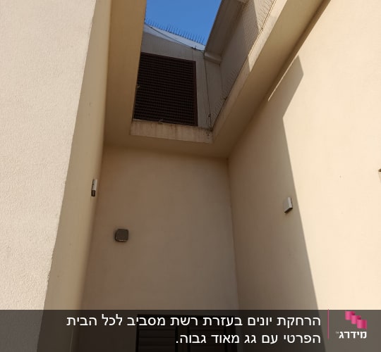 התקנת רשת ודוקרנים להרחקת יונים בחלק עליון של מבנה